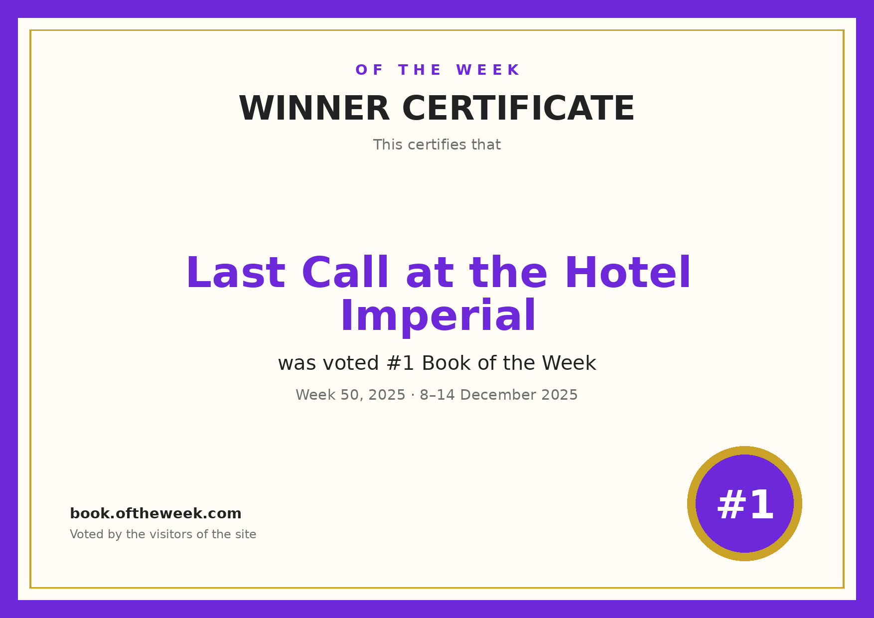 Certificate — Last Call at the Hotel Imperial